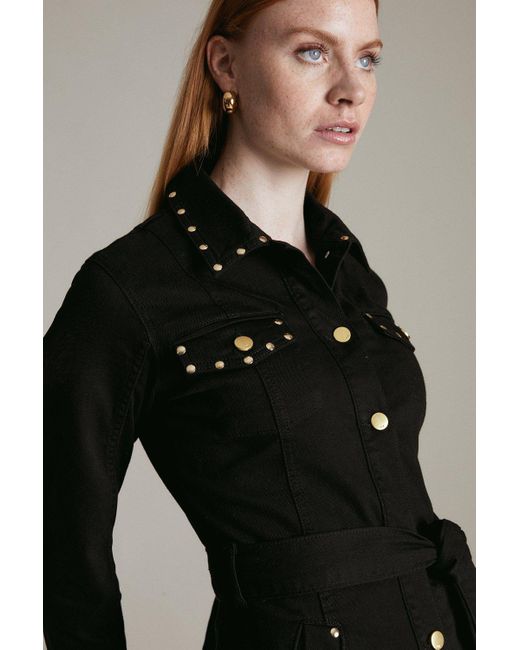 Karen Millen Black Full Sleeve Stud Detail Midi Trench Dress