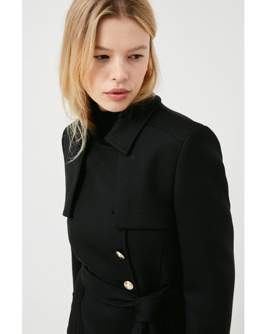 Karen Millen Black Wool Blend Pleated Contrast Trench Coat