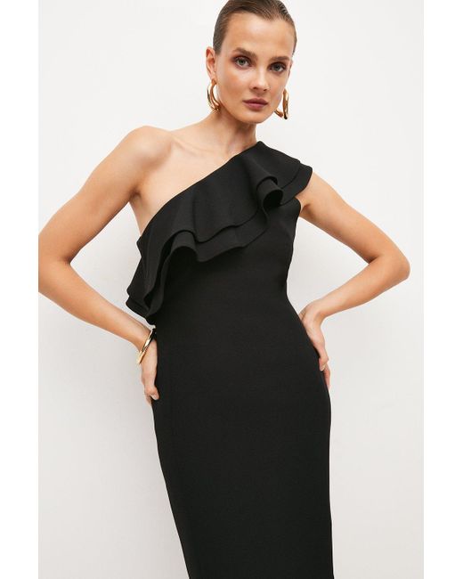 Karen Millen Black Structured Crepe Tailored One Shoulder Midi Dress