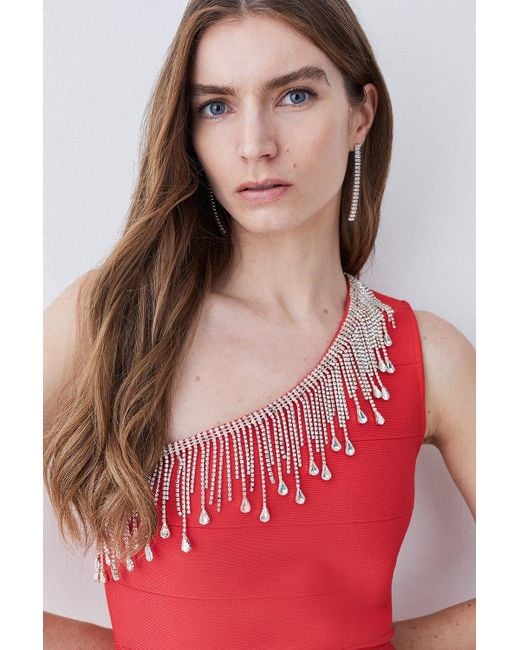 Karen Millen Red Bandage Diamante Trim One Shoulder High Low Midi Dress