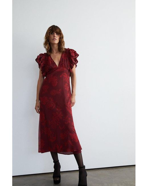 Warehouse Red Ruffle Maxi Dress In Floral