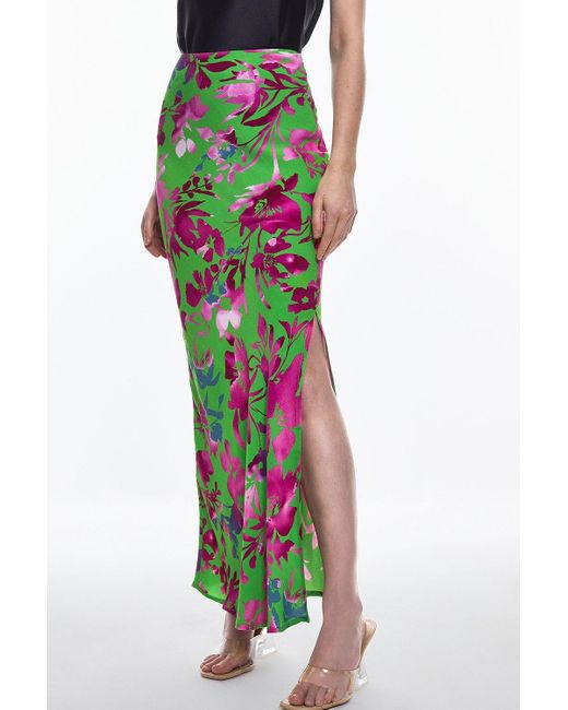 Karen Millen Green Silhouette Floral Bias Cut Slip Maxi Skirt