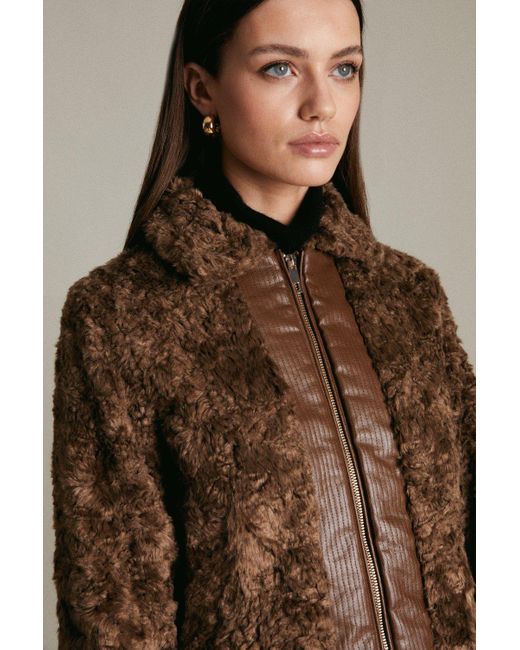 Karen Millen Brown Petite Textured Faux Fur Pu Bomber Jacket