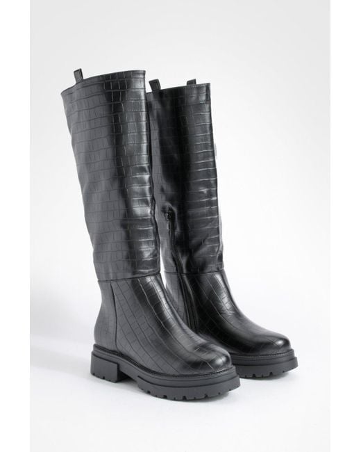 Boohoo Black Wide Fit Wide Pull On Croc Chunky Knee High Boots