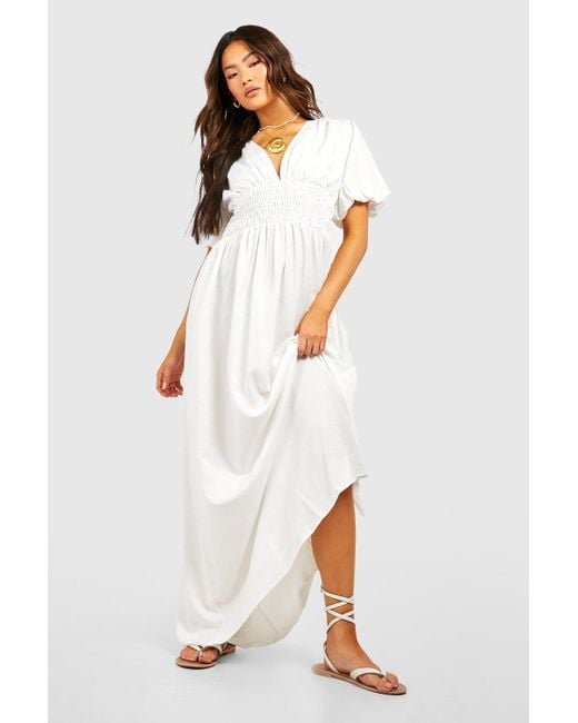 Boohoo White Plunge Front Puff Sleeve Chambray Maxi Dress