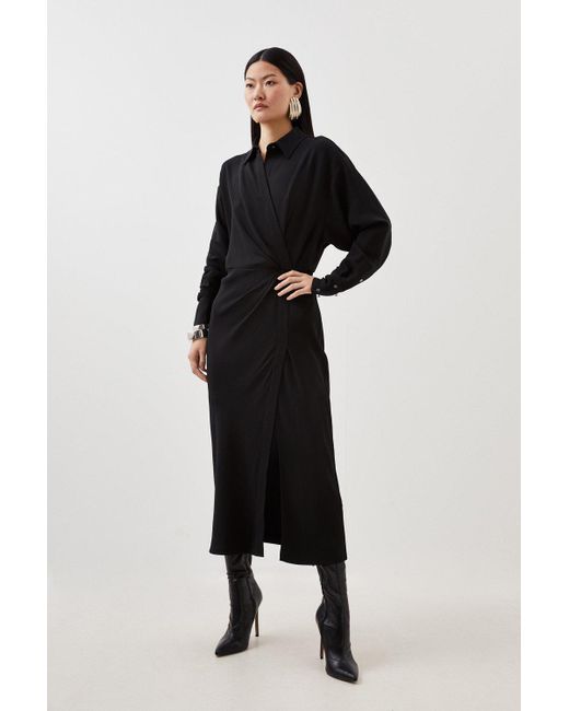 Karen Millen Black Viscose Crepe Long Sleeve Woven Midi Shirt Dress