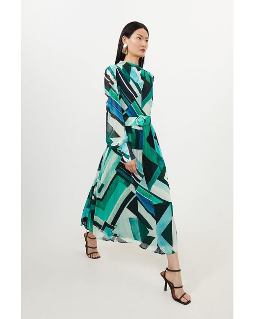 Karen Millen Blue Geo Print Georgette Woven Long Sleeve Maxi Dress