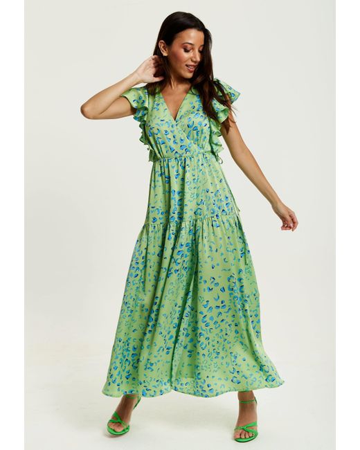 Liquorish Green Animal Print Maxi Wrap Dress In Sage