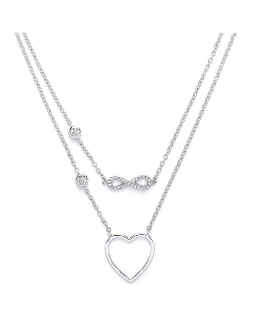 Jewelco London Metallic Silver Cz Infinity Love Heart Double Drop Necklace 16 + 2 Inch - Gvk139