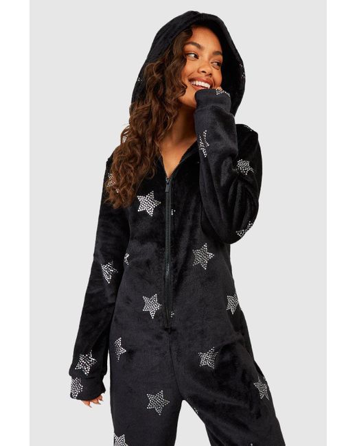 Boohoo Black Star Detail Fleece Onesie