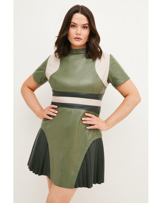 Karen Millen Green Plus Size Leather Colour Block Pleated Mini Dress