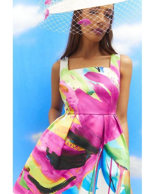 Coast Blue Lisa Tan Floral Placement Print Satin Midi Dress