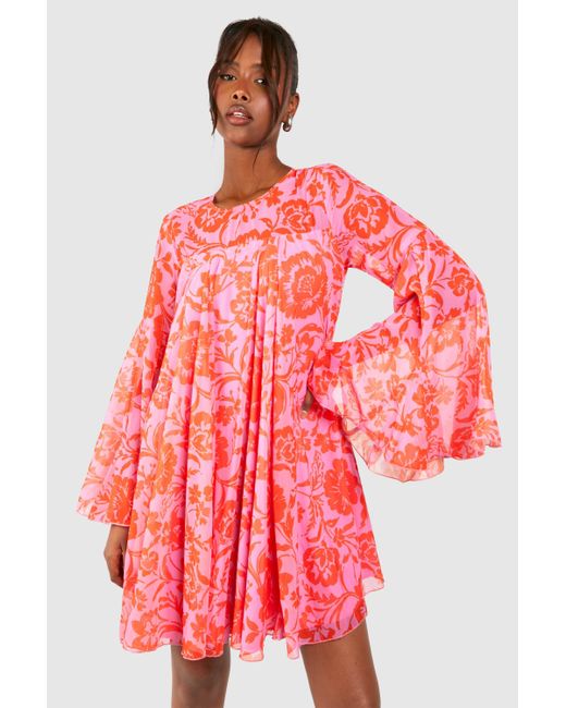 Boohoo Floral Print Flared Sleeve Smock Dress