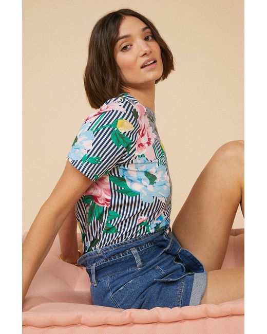 Oasis Multicolor Floral Stripe Printed T Shirt