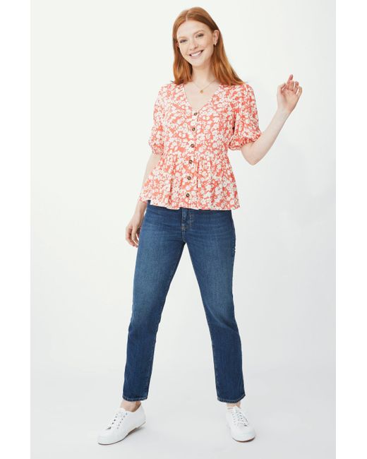 MAINE Red Leafy Floral Print Frill Hem Top