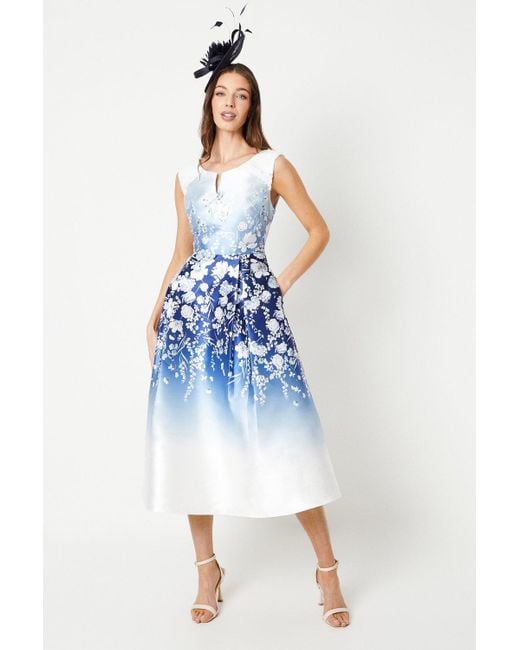 Coast Blue Twill Dress With Placement Print And Lace Trim