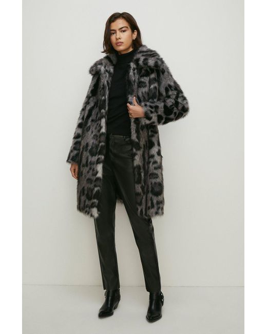 Oasis Black Petite Collared Animal Faux Fur Coat