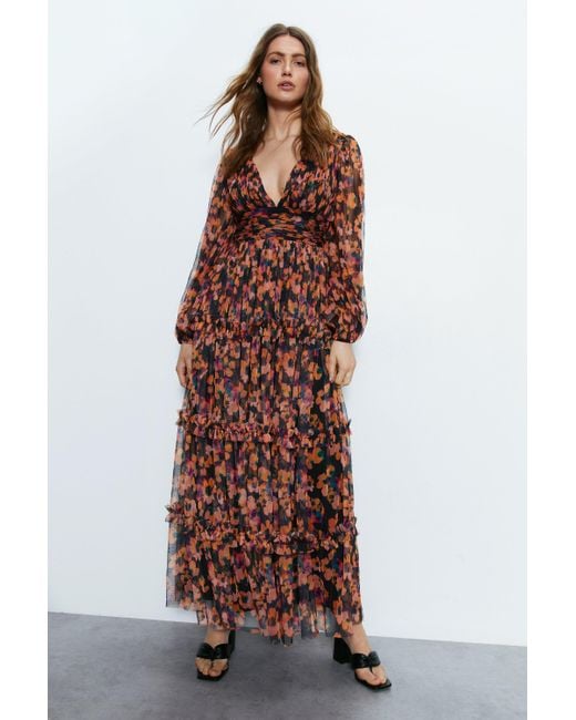 Warehouse Brown Floral Tulle Balloon Sleeve Tiered Maxi Dress