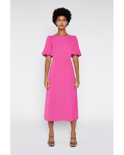 Warehouse Pink Puff Sleeve V-back Midi Dress