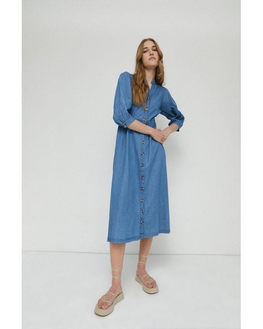Warehouse Blue Petite Denim Smock Button Through Midi Dress