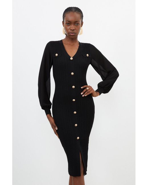 Karen Millen Black Petite Viscose Blend Rib Knit Chiffon Sleeve Midi Dress