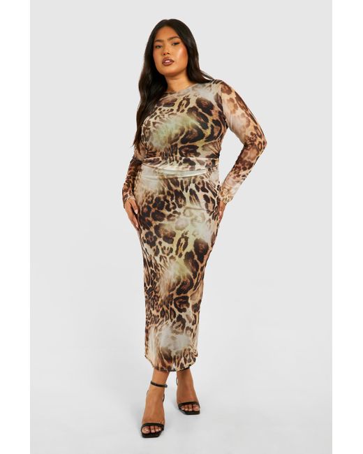 Boohoo Blue Plus Cut Out Long Sleeve Ruched Leopard Mesh Midaxi Dress