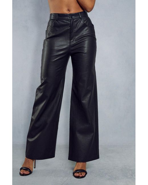 MissPap Blue High Waisted Wide Leg Leather Look Trouser
