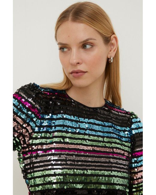 Oasis Multicolor Petite Stripe Sequin Puff Sleeve Shift Dress