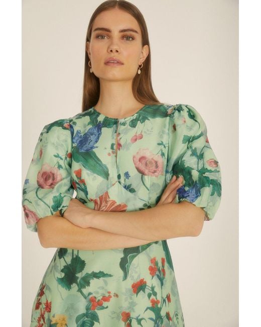 Oasis Green Trailing Floral Keyhole Organza Midi Dress