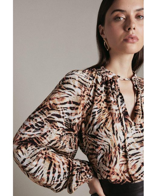 Karen Millen Multicolor Tiger Print Woven Tie Front Blouse