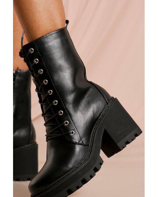MissPap Black Lace Up Chunky Heeled Ankle Boot