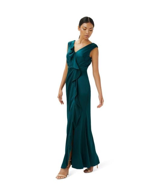Adrianna Papell Blue Satin Crepe Ruffle Gown