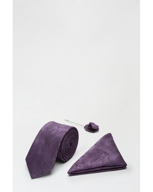 Burton Purple Wedding Paisley Tie Set With Lapel Pin for men