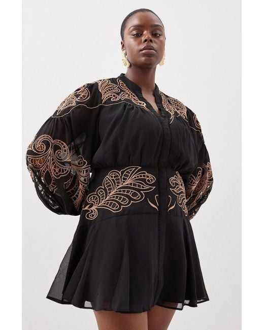 Karen Millen Black Plus Size Cutwork Beaded Embroidered Woven Mini Dress