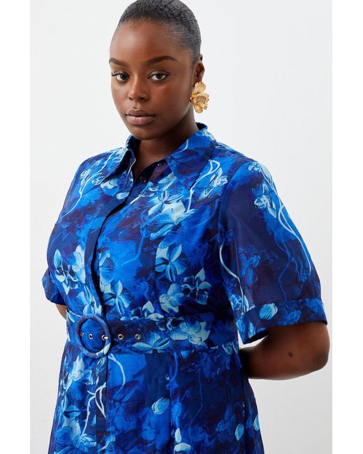 Karen Millen Blue Plus Size Floral Organdie Midaxi Shirt Dress