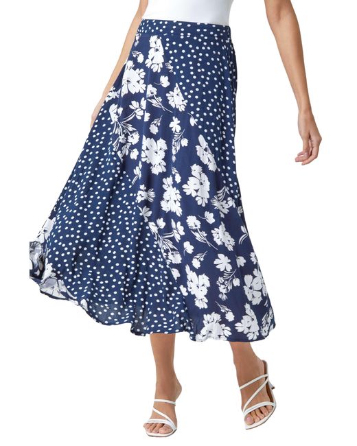 Roman Blue Mixed Floral Spot Print Midi Skirt