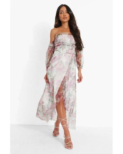 Boohoo White Floral Mesh Ruched Maxi Dress