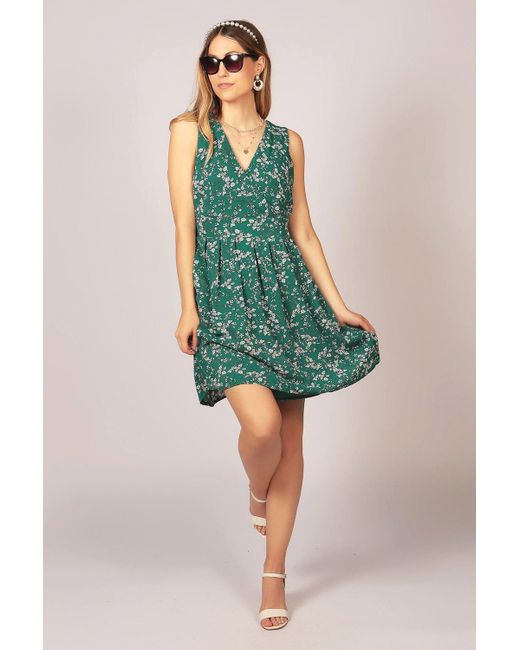Tenki Green Sleeveless V Neck Floral Skater Dress