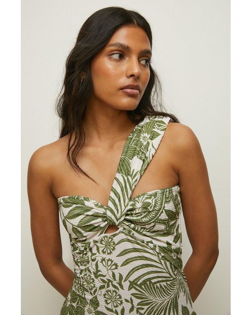 Oasis Green Textured Floral Print One Shoulder Midi Dress