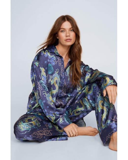 Nasty Gal Blue Satin Dragon Print Oversized Pajama Pants Set