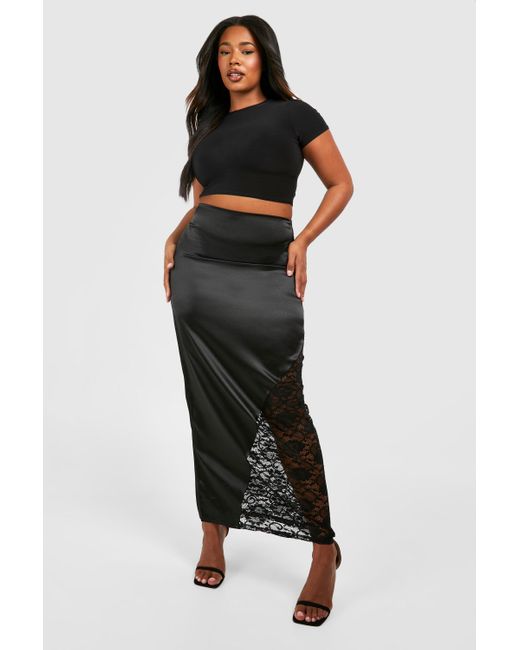 Boohoo Black Plus Lace Insert Satin Maxi Skirt
