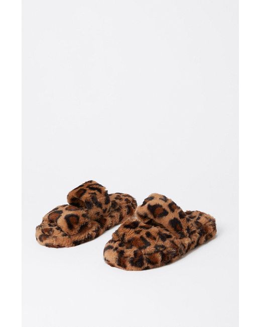 Warehouse Brown Leopard Print Fluffy Slipper