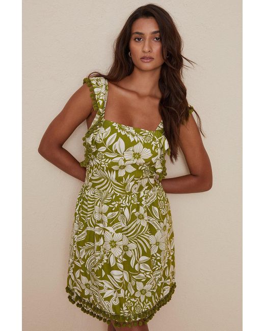 Oasis Green Petite Tropical Pom Pom Strappy Mini Dress