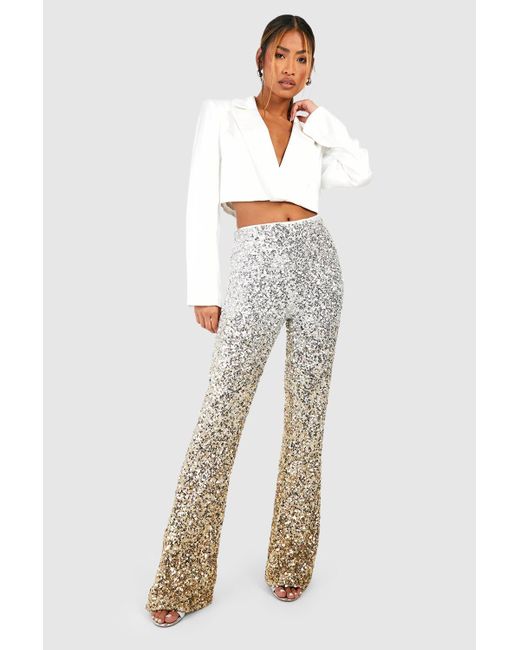 Boohoo White Ombre Sequin High Waisted Flared Trousers