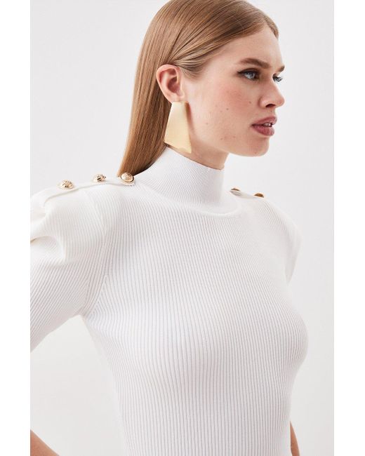 Karen Millen White Tall Viscose Blend Rib Knit Power Shoulder Military Trim Maxi Dress