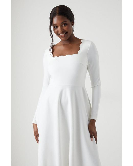 Coast White Scallop Neckline Long Sleeve Midi Wedding Dress