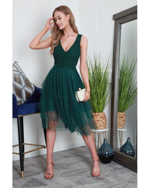 Double Second Green Lace V-neck Layered Tulle Dress