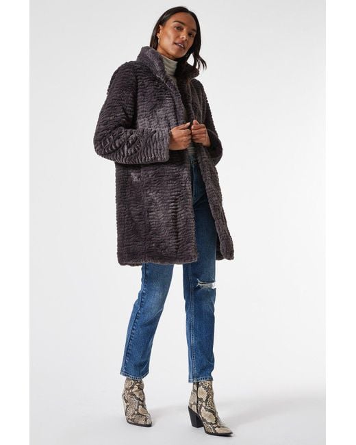 Dorothy Perkins Blue Slate Longline Faux Fur Coat
