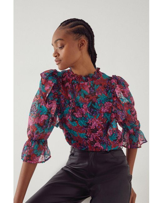 Warehouse Pink Dobby Frill Blouse In Floral