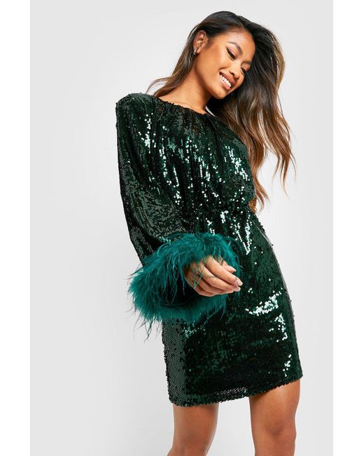 Boohoo Green Sequin Feather Cuff Shift Party Dress